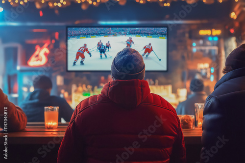 Winter sports. Fans watch the hockey championship in a bar on a TV screen. rejoicing at the team's victory, raising his hands up. Sports competitions in winter.
