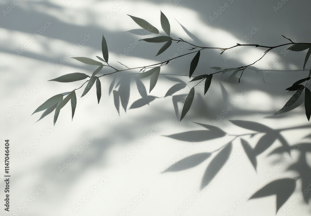 Obraz premium Elegant bamboo leaves create intricate shadows on a light background in a serene indoor environment