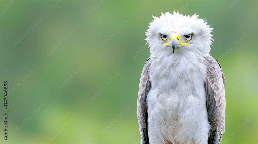 Obraz premium Close-up of a white eagle with ruffled feathers against a blurred green background.