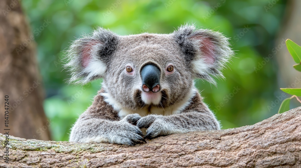 Fototapeta premium A close-up shot of a fluffy koala resting its paws on a tree branch while looking directly at the camera in a lush green forest.