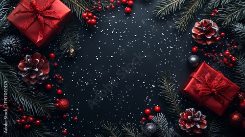 Festive Christmas Decorations with Red Gifts and Pine Cones