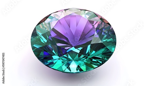 Faceted round gemstone with purple and teal hues.