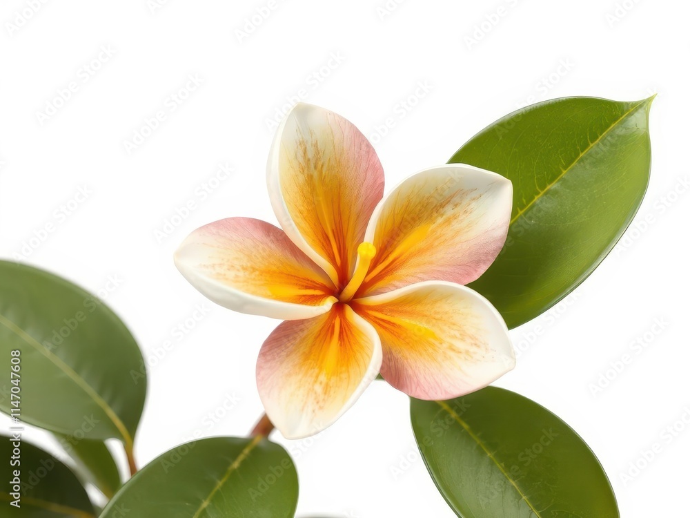 Fototapeta premium A single, vibrant frangipani blossom isolated against a pure white backdrop, fragrant, spa, high resolution