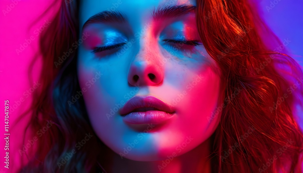 Serene portrait of a young woman with closed eyes illuminated by multicolored light. Serene portrait of a young woman with closed eyes illuminated by multicolored light.