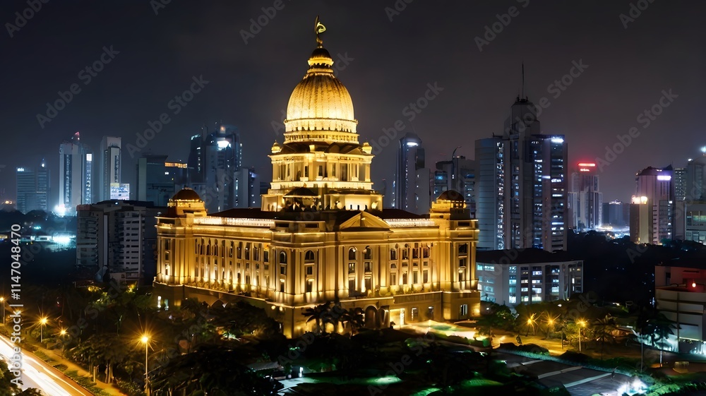 Fototapeta premium A majestic, illuminated building stands tall against the backdrop of a modern cityscape, exuding an aura of power and prestige.