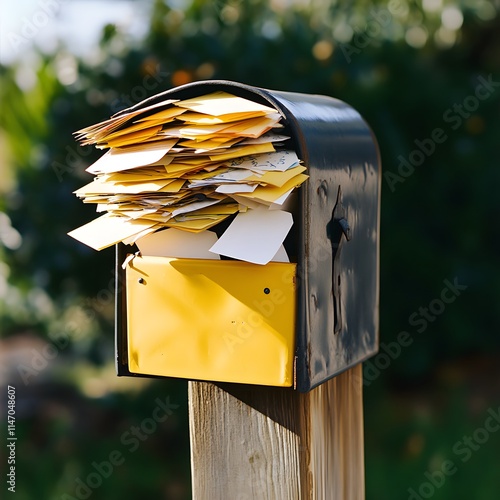 A mailbox is full of yellow and white postcards