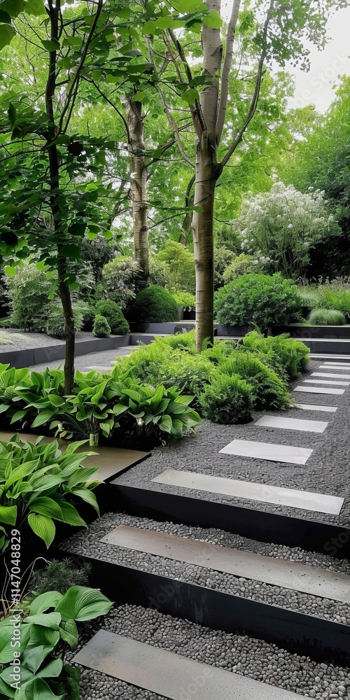 A serene modern Zen garden featuring a stone pathway surrounded by lush greenery and trees, creating a peaceful outdoor retreat. A serene modern Zen garden featuring a stone pathway surrounded by lush greenery and trees, creating a peaceful outdoor retreat.