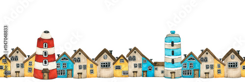 Seamless border of colorful houses. Little houses watercolor cute cartoon illustration. Row of different houses on white background. Hand drawn painting sea buildings. Children's clip art of street