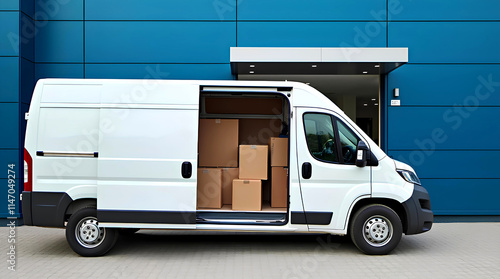 Open car trunk with moving boxes outdoors, cardboard or cardbox courier dealer deliver to expedite in express to home, percel or package delivering service with van move logistic office business auto