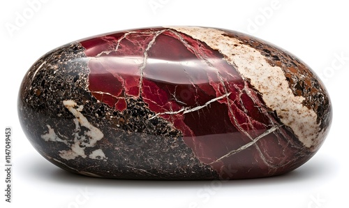 Polished red jasper stone with white veins on white background.