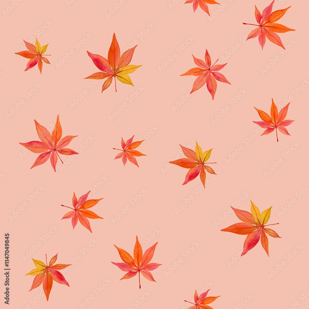 Seamless pattern with different maple leaves. Watercolor illustration on orange background. For wrapping paper, textile, packaging, fabric Seamless pattern with different maple leaves. Watercolor illustration on orange background. For wrapping paper, textile, packaging, fabric