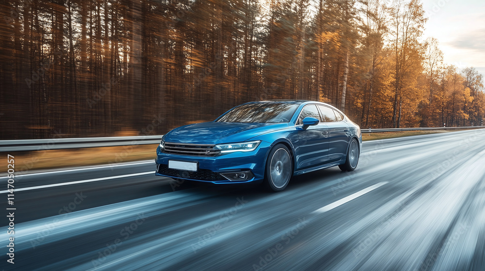 Fototapeta premium Blue business car on the highway road, vehicle transport at high speed blurred in motion. modern automobile freeway drive outdoors.