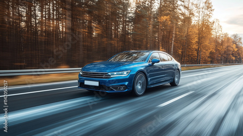 Blue business car on the highway road, vehicle transport at high speed blurred in motion. modern automobile freeway drive outdoors.