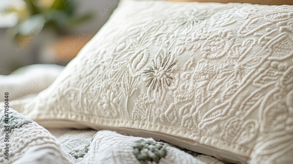 Intricate textured pillow closeup cozy bedroom home decor soft lighting warm ambiance elegance Intricate textured pillow closeup cozy bedroom home decor soft lighting warm ambiance elegance