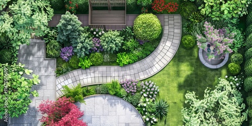 Fototapeta Naklejka Na Ścianę i Meble -  A stunning aerial view of a meticulously landscaped garden featuring winding pathways, vibrant flowers, and lush greenery.