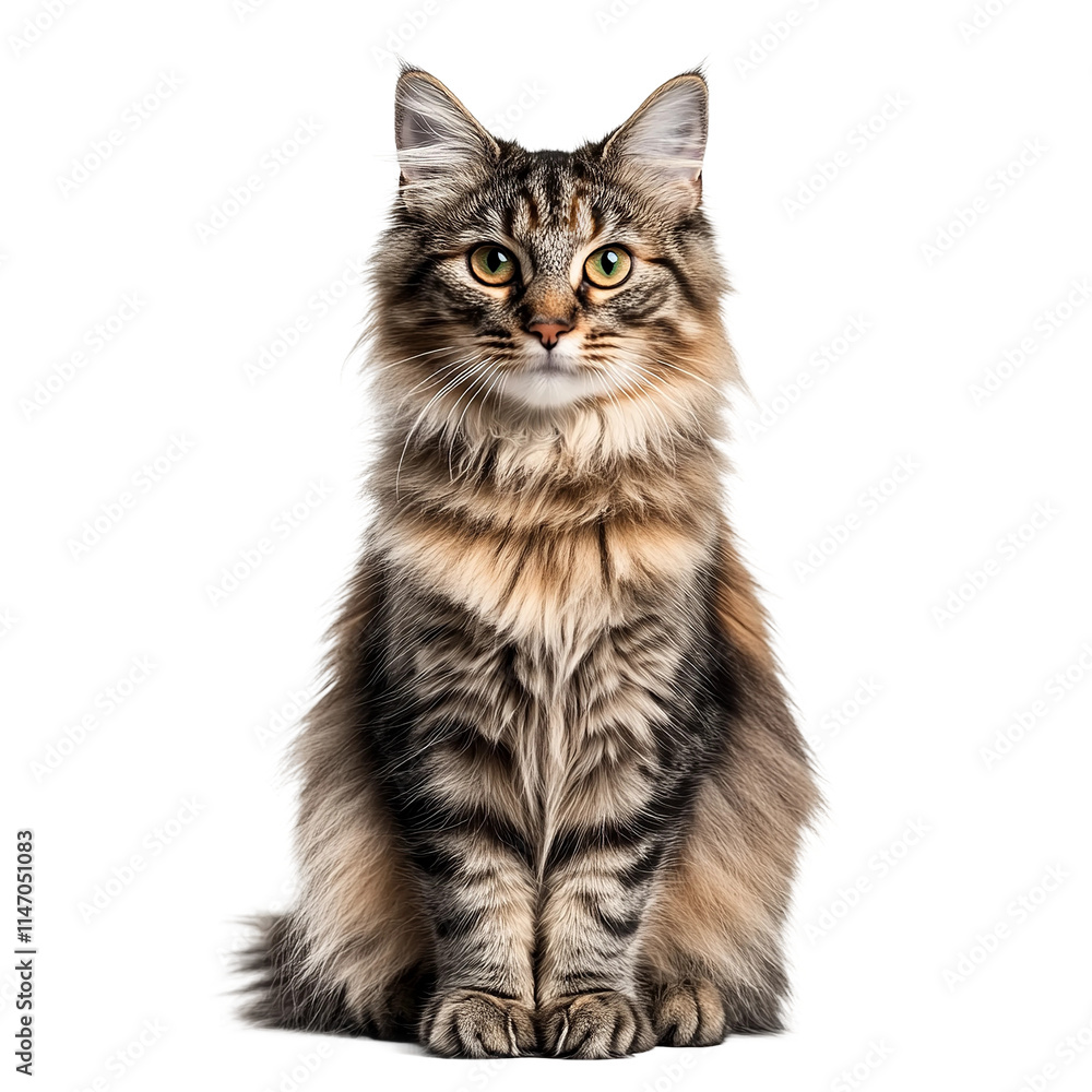 Obraz premium a long haired cat sitting looking straight to the camera white background