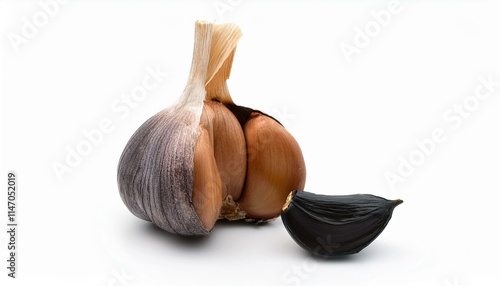 A bulb of fresh garlic with a single black garlic clove. photo