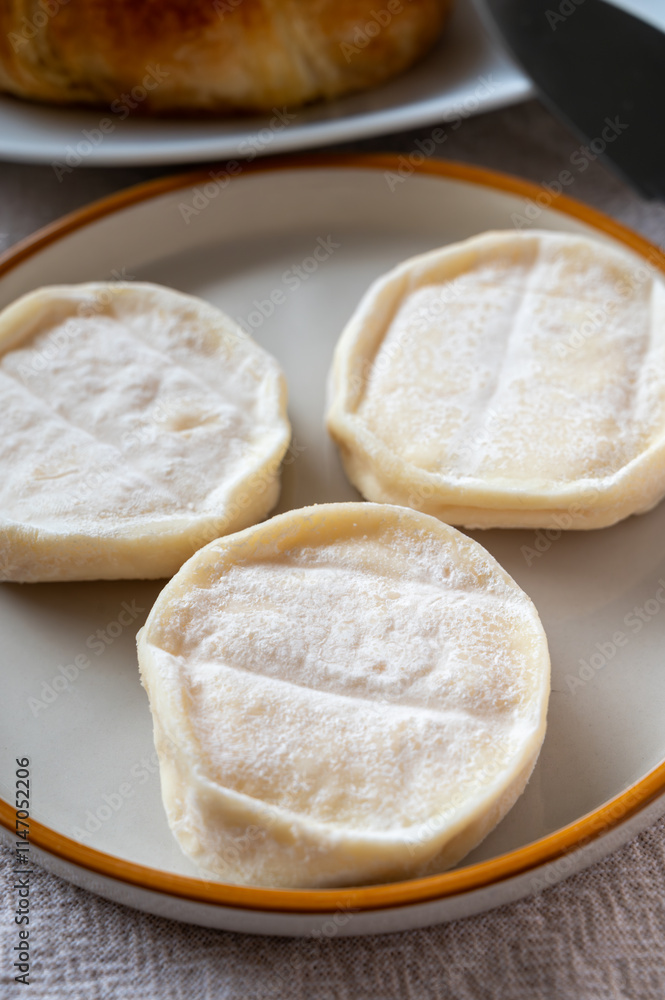 Rocamadour or cabecous soft goat AOC cheese with soft rind produced on farm in Perigord and Quercy on farmers market, departement Lot, France Rocamadour or cabecous soft goat AOC cheese with soft rind produced on farm in Perigord and Quercy on farmers market, departement Lot, France