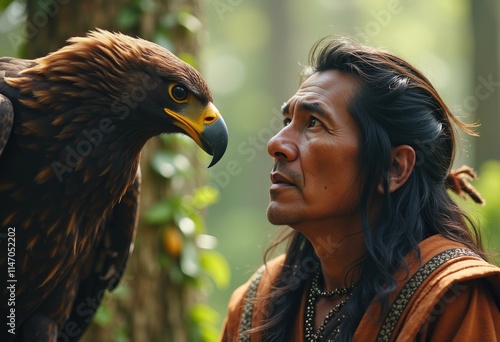 A man in traditional clothing stares intently at a golden eagle. photo