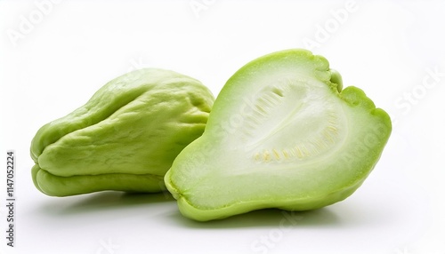 Fresh chayote squash, halved and whole, on white background.