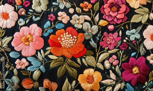 Dark fabric, colorful embroidered flowers, intricate details.