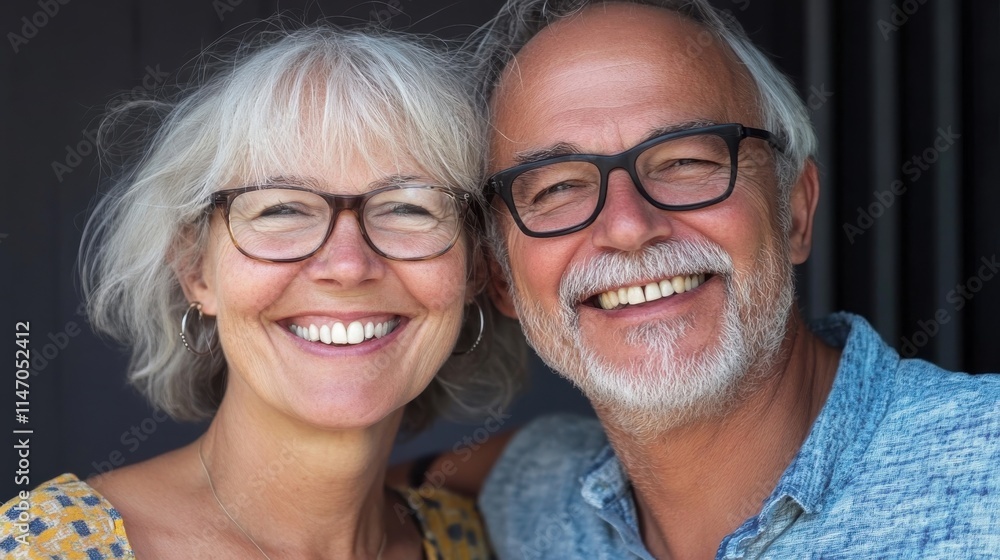 Elderly couple smiling together outdoors, celebrating love and companionship in a joyful moment Elderly couple smiling together outdoors, celebrating love and companionship in a joyful moment