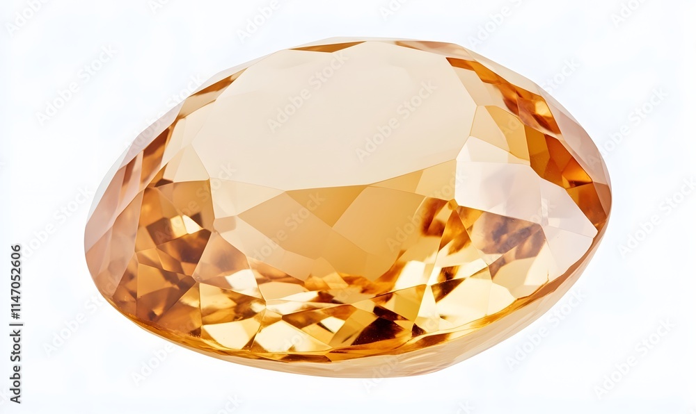 Faceted orange gemstone, polished with internal reflections on white background. Faceted orange gemstone, polished with internal reflections on white background.