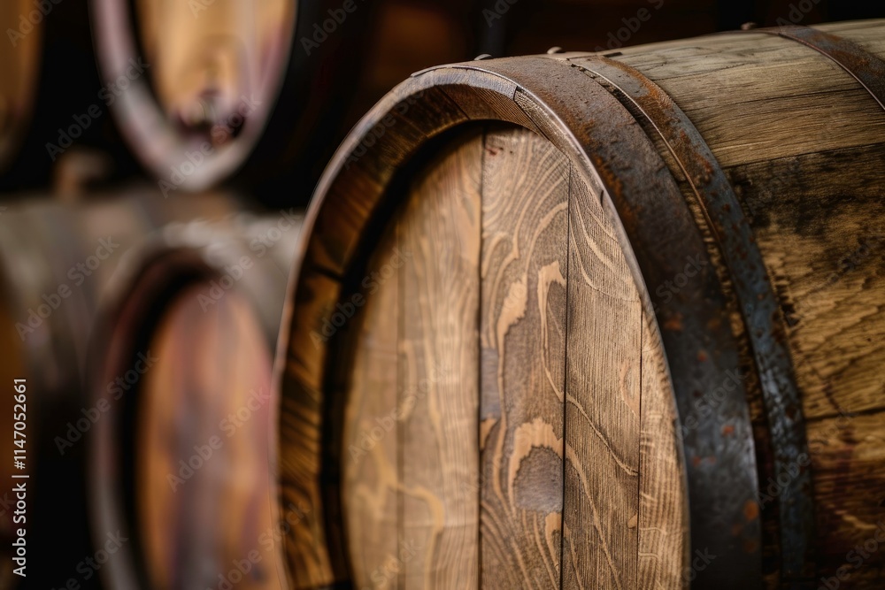 Oak barrel standing in a winery cellar, bringing a delicious wine aroma to the air Oak barrel standing in a winery cellar, bringing a delicious wine aroma to the air