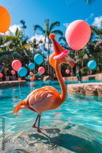 A playful flamingo adorned with a party hat surrounded by balloons in a lush tropical setting. Bright and cheerful concept perfect for celebrations.