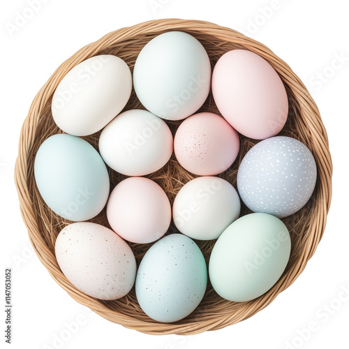 Beautiful Easter basket with eggs on transparent or white background photo