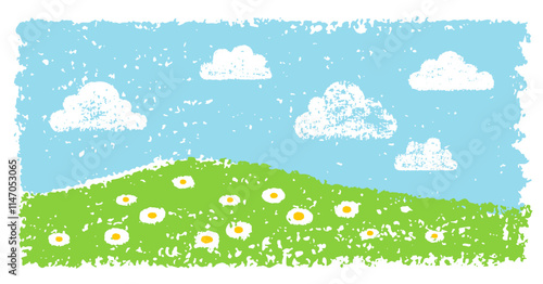Grass and sky background. Crayon kid landscape with spring field. Vector green grass, flower, blue sky, cloud child wax pastel painting. Spring nature meadow landscape crayon illustration background
