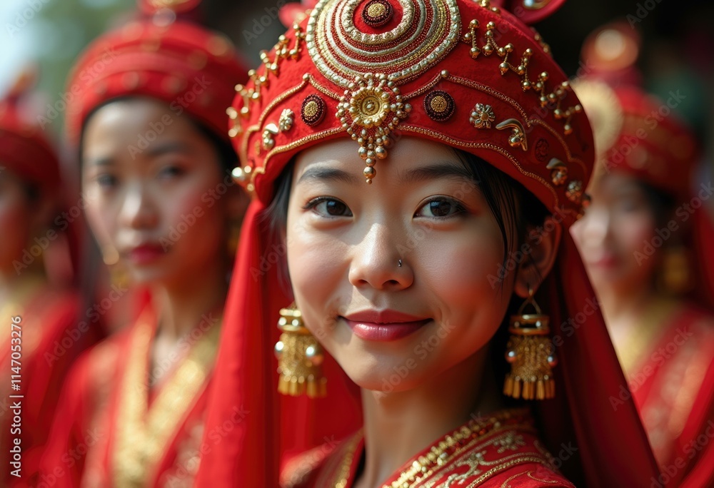 Young woman in traditional red dress and headdress smiles softly. Young woman in traditional red dress and headdress smiles softly.