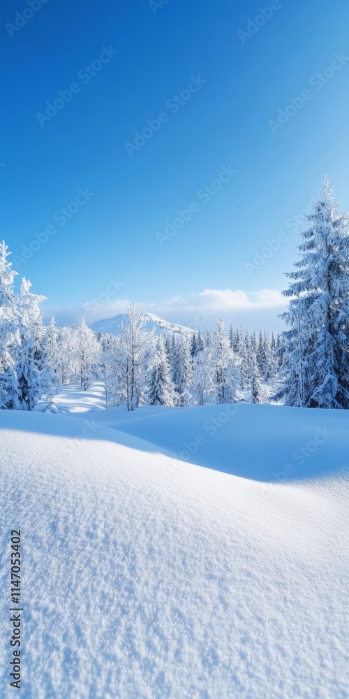 Obraz premium Captivating winter scene featuring snow-laden trees under a bright blue sky, creating a peaceful and picturesque mountain landscape.