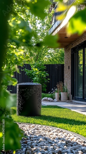 Stylish pet waste bin in a well-kept garden topaz ambiance modern design outdoor view eco-friendly concept photo