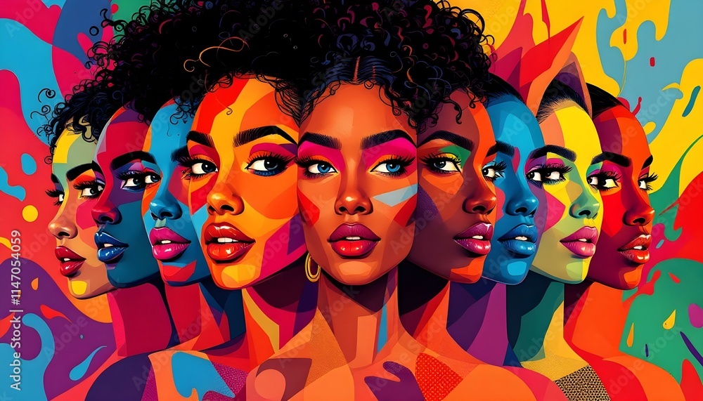 Obraz premium Bold and Vibrant Abstract Silhouette Painting- Pop art illustration, Vibrant African American Women Portrait Collage in Rainbow Colors
