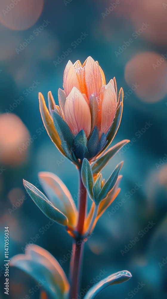 Fototapeta premium Blooming peach-colored tulip against a soft blurred background during early morning light at a tranquil garden