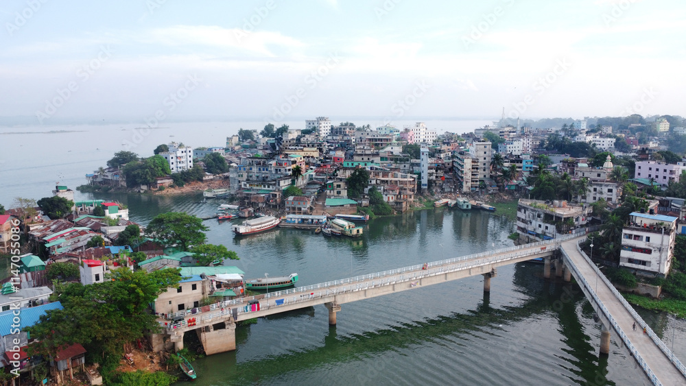 Fototapeta premium Aerial view of lake city Rangamati in Bangladesh. Beautiful skyline of Rangamati near chittagong hill district.