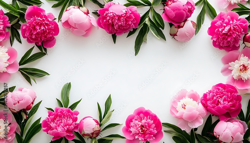 Flat lay pink peonies on white background, top view, spring floral border, space for text. Flat lay pink peonies on white background, top view, spring floral border, space for text.