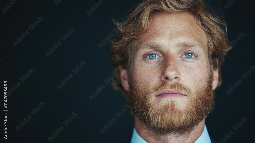 Fototapeta premium Close-up portrait of a young man with blond hair and blue eyes, wearing a suit and tie, against a dark background.