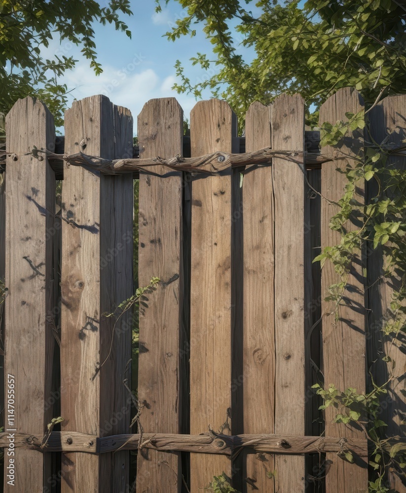 Fototapeta premium Weathered wooden fence with vines and branches, outdoors, rust, plants