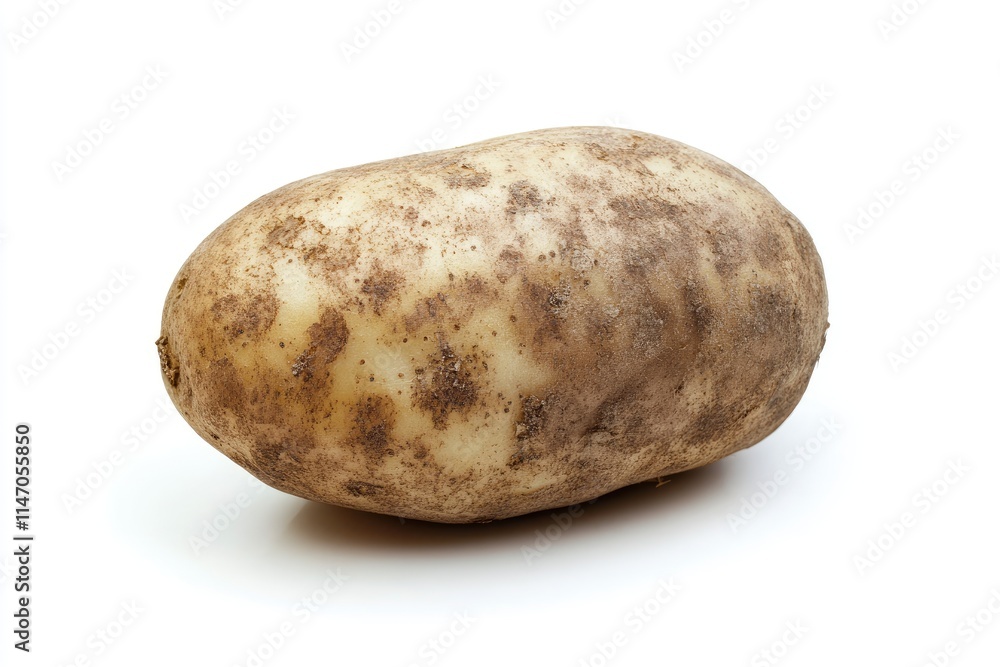 A single potato with a rough brown skin, isolated on a white background A single potato with a rough brown skin, isolated on a white background