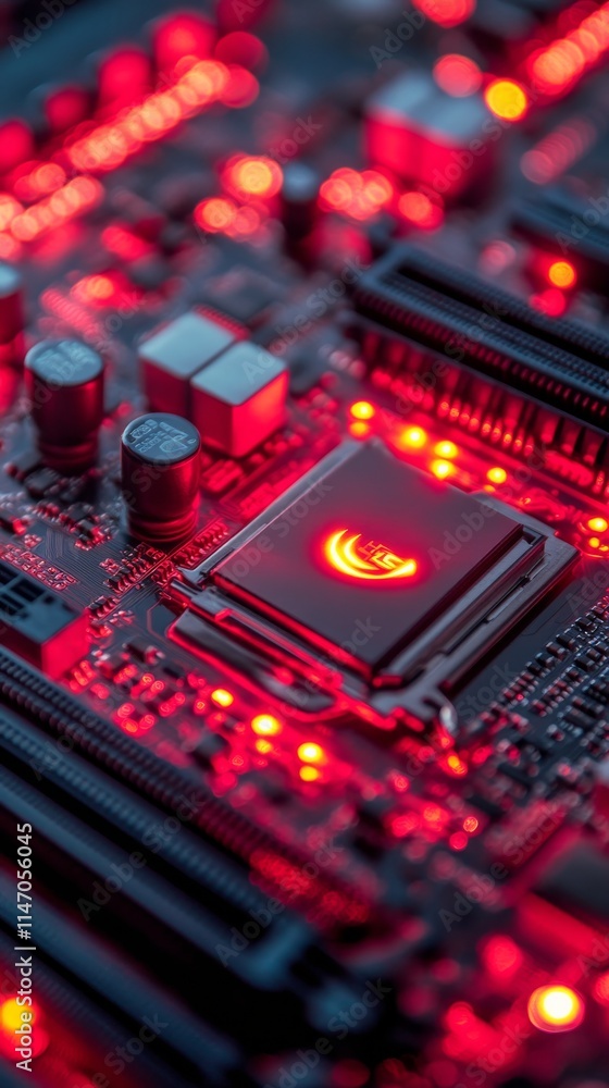 Close-up view of a computer motherboard illuminated by red lights showcasing the central processing unit in a Close-up view of a computer motherboard illuminated by red lights showcasing the central processing unit in a