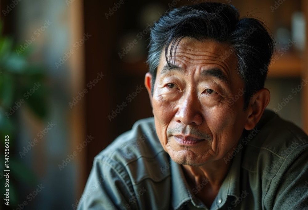 A thoughtful older Asian man in a green shirt looks off to the side. A thoughtful older Asian man in a green shirt looks off to the side.