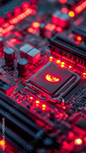 Close-up view of a computer motherboard illuminated by red lights showcasing the central processing unit in a