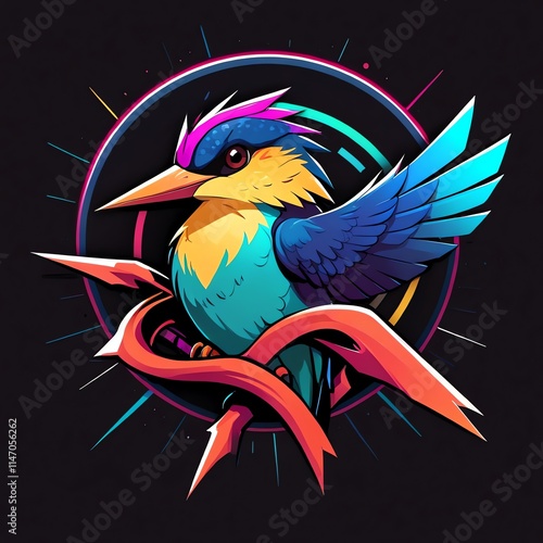 Vivid Kingfisher Artwork: A vibrant digital painting of a kingfisher, showcasing its striking plumage and dynamic pose. The artwork is set against a dark background photo