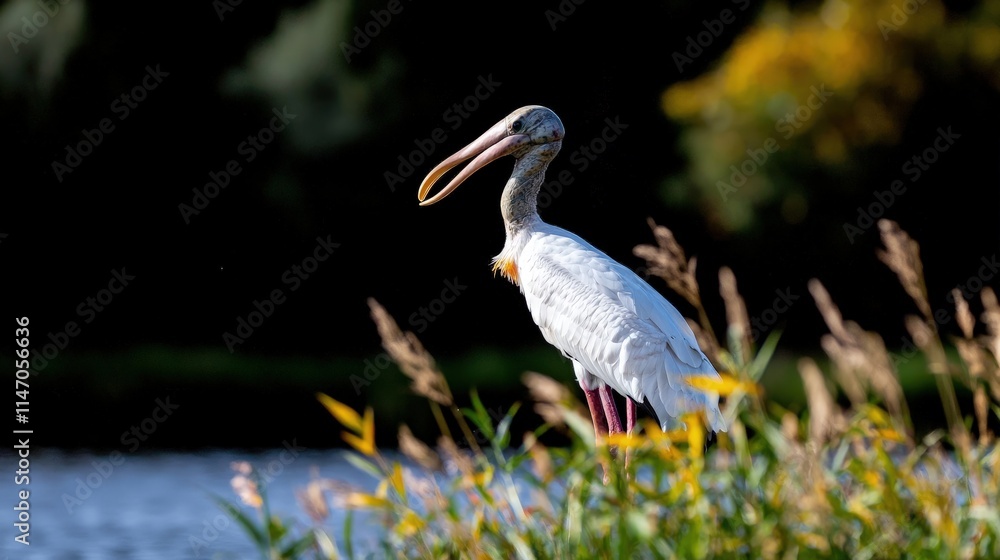 Fototapeta premium An Asian openbill stork stands amidst tall grassy reeds by the water edge under bright sunlight.
