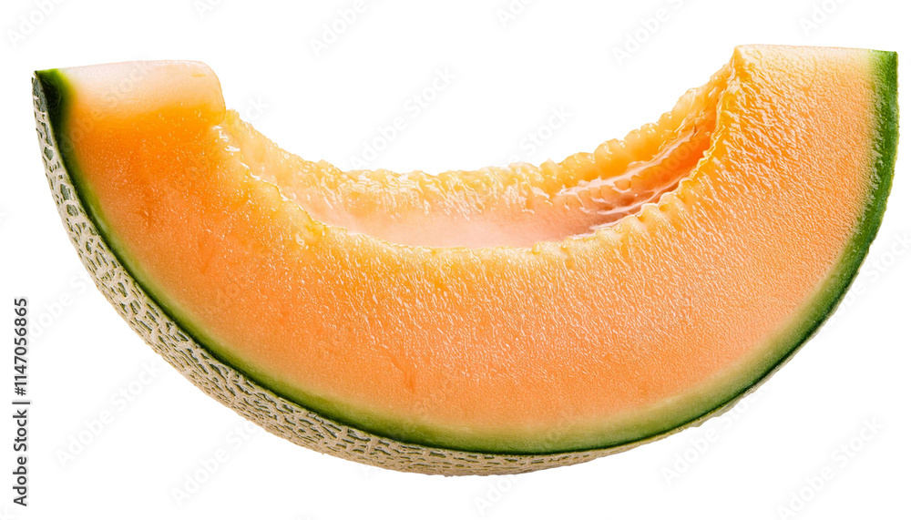 Slice of fresh and ripe cantaloupe showing its seeds on transparent background Slice of fresh and ripe cantaloupe showing its seeds on transparent background