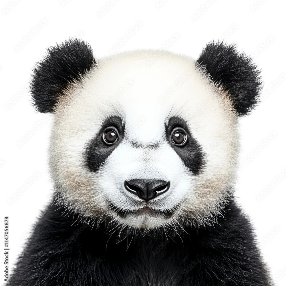 A panda frontal head closeup set against a clean white background
