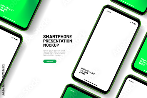 Realistic smartphone mockup. Mobile phone vector with isolated on white background. Device front view. 3D mobile phone with shadow. Realistic, high quality smart phone mockup for ui ux presentation.