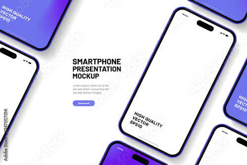 Realistic smartphone mockup. Mobile phone vector with isolated on white background. Device front view. 3D mobile phone with shadow. Realistic, high quality smart phone mockup for ui ux presentation.